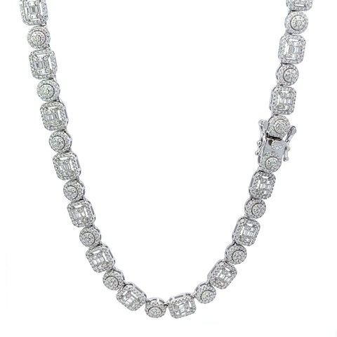 Riven 7mm Alternating Baguette & Round Moissanite Tennis Necklace - 925 Silver Rhodium Chain