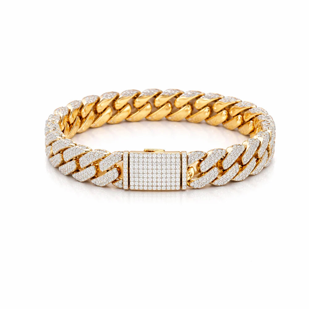 Palatial 12mm Moissanite Miami Cuban Link Bracelet Gold Plated Silver – Iced Out VVS Lab Diamond Luxury Wristwear