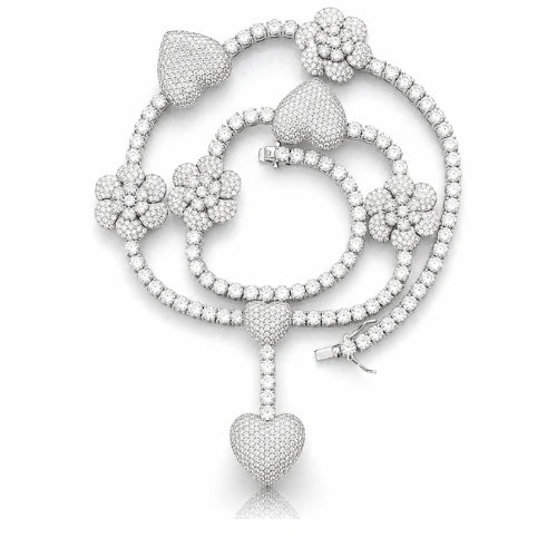 925 Sterling Silver Moissanite Heart & Flower Tennis Chain Necklace – 4MM Rhodium Plated Luxury Chain