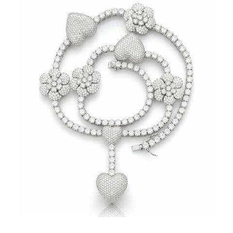 925 Sterling Silver Moissanite Heart & Flower Tennis Chain Necklace – 4MM Rhodium Plated Luxury Chain