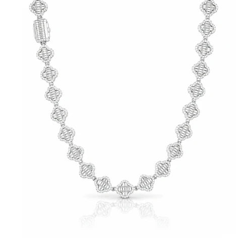 10mm Iced Out Moissanite Clover Tennis Chain Necklace • Solid 925 Sterling Silver Rhodium Finish