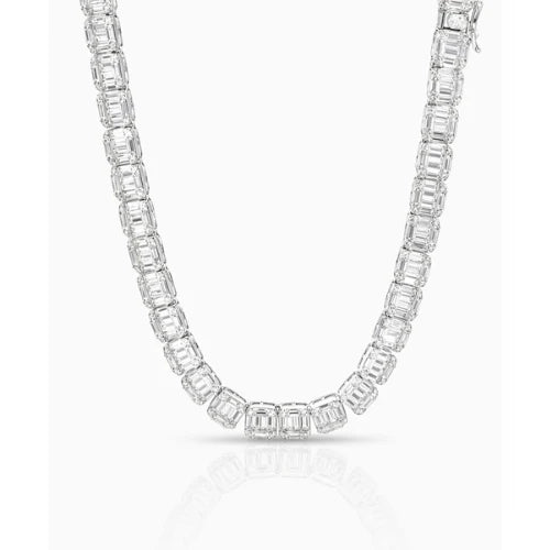 7mm Emerald Cut Moissanite Tennis Chain Necklace • Solid 925 Sterling Silver Rhodium Finish