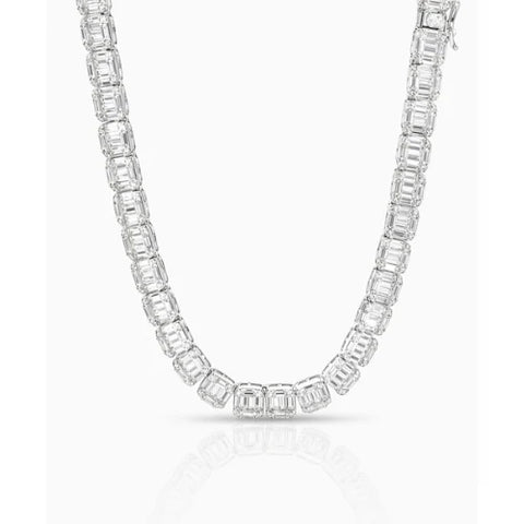 7mm Emerald Cut Moissanite Tennis Chain Necklace • Solid 925 Sterling Silver Rhodium Finish