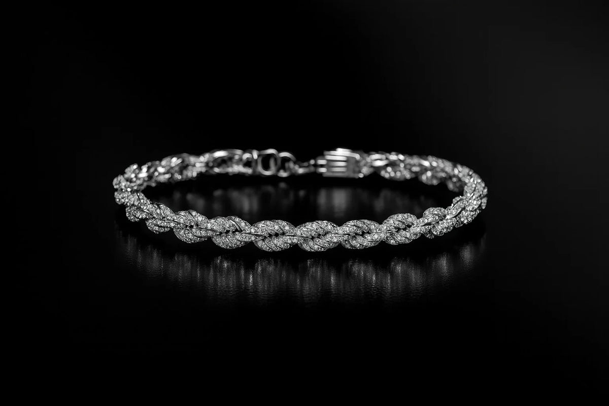 Dusk 6.19 CTW Iced Out Moissanite Rope Chain Bracelet 7mm Rhodium Plated VVS