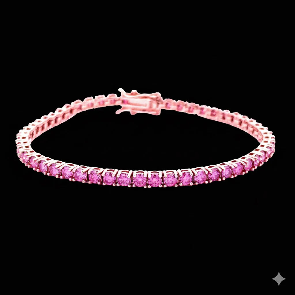 Aura 3mm Pink Moissanite Tennis Bracelet Rose Gold Over 925 Silver – Iced Out Brilliant Cut Lab Diamond Wristwear  2. Short Description