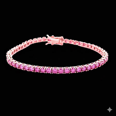 Aura 3mm Pink Moissanite Tennis Bracelet Rose Gold Over 925 Silver – Iced Out Brilliant Cut Lab Diamond Wristwear  2. Short Description