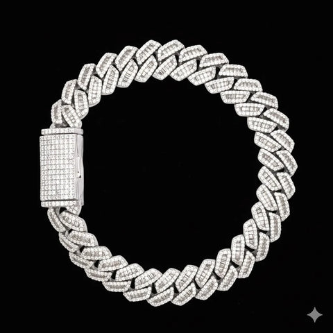 12mm Baguette Moissanite Cuban Link Bracelet 925 Sterling Silver Rhodium Iced Out