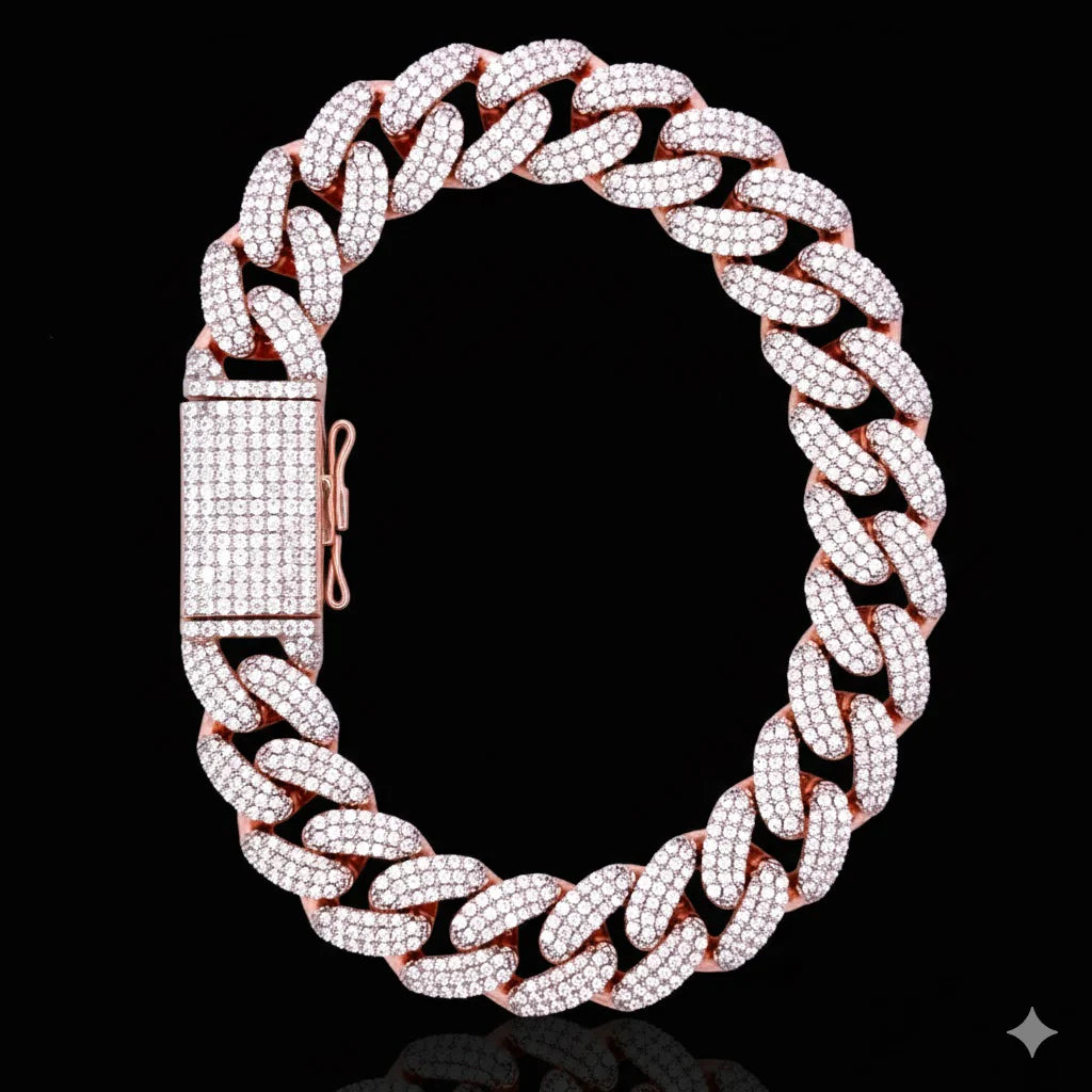 12mm Moissanite Miami Cuban Link Bracelet Iced Out 925 Sterling Silver Rose Gold