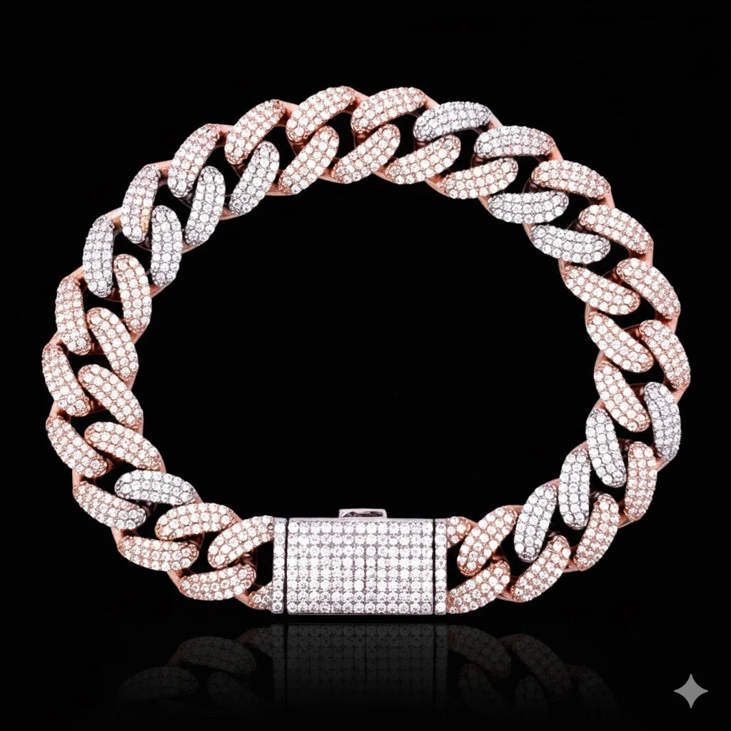 Synergy 12mm Two-Tone Moissanite Miami Cuban Link Bracelet – Rose Gold & White Rhodium Over 925 Silver Iced Out Alternating Hip Hop Wristwear