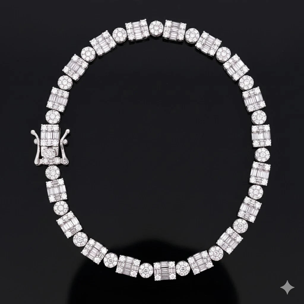 Moissanite Baguette and Round Cluster Tennis Bracelet – 925 Silver Rhodium Plated Iced Out Hip Hop Wristwear