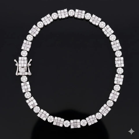 Moissanite Baguette and Round Cluster Tennis Bracelet – 925 Silver Rhodium Plated Iced Out Hip Hop Wristwear