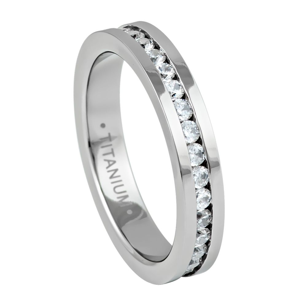 Silver Full Eternity White CZ 4mm Titanium Ring