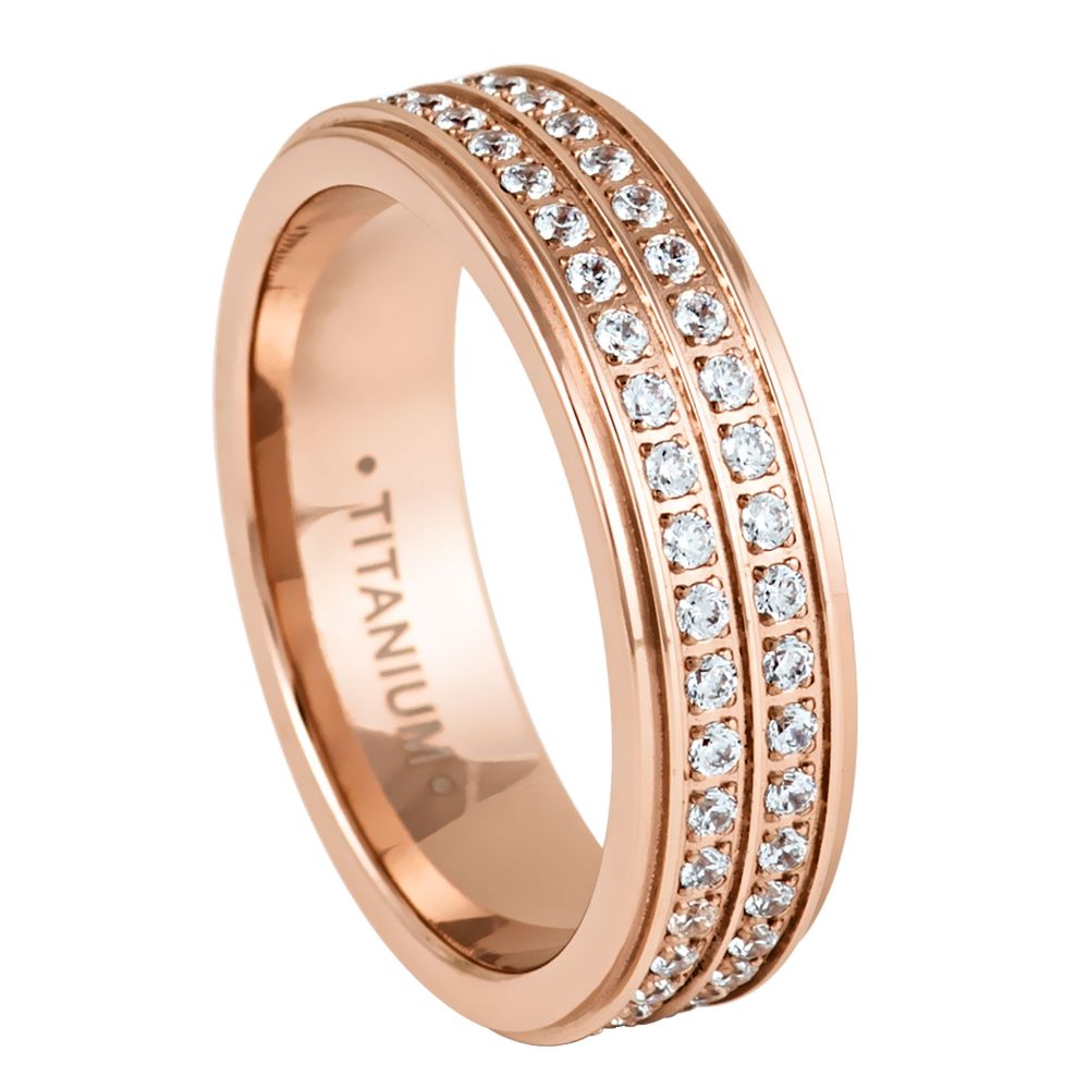 Rose Gold IP Plated Double Eternity White CZ 6mm Titanium Ring