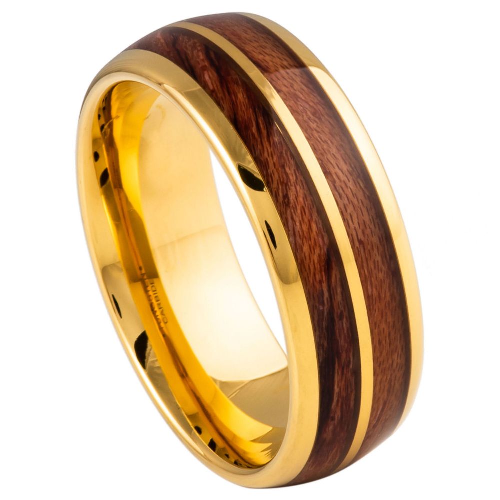 Men's Yellow Gold IP Plated Split Koa Wood Inlay 8mm Tungsten Ring