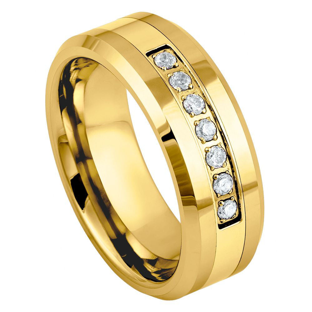 Men's Yellow Gold Shiny IP Plated 7 White CZ 8mm Tungsten Ring