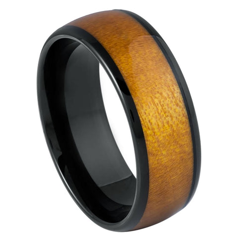 Men's Black IP Plated Dyed Caramel Fawn Stain Solidified Wood 8mm Tungsten Ring