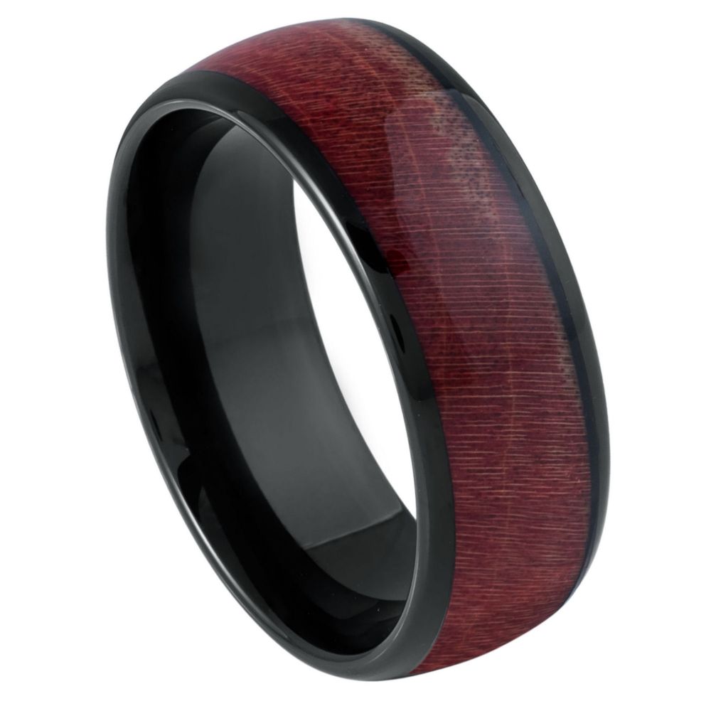 Men's Black IP Plated Dyed Burgundy Hue Solidified Wood 8mm Tungsten Ring