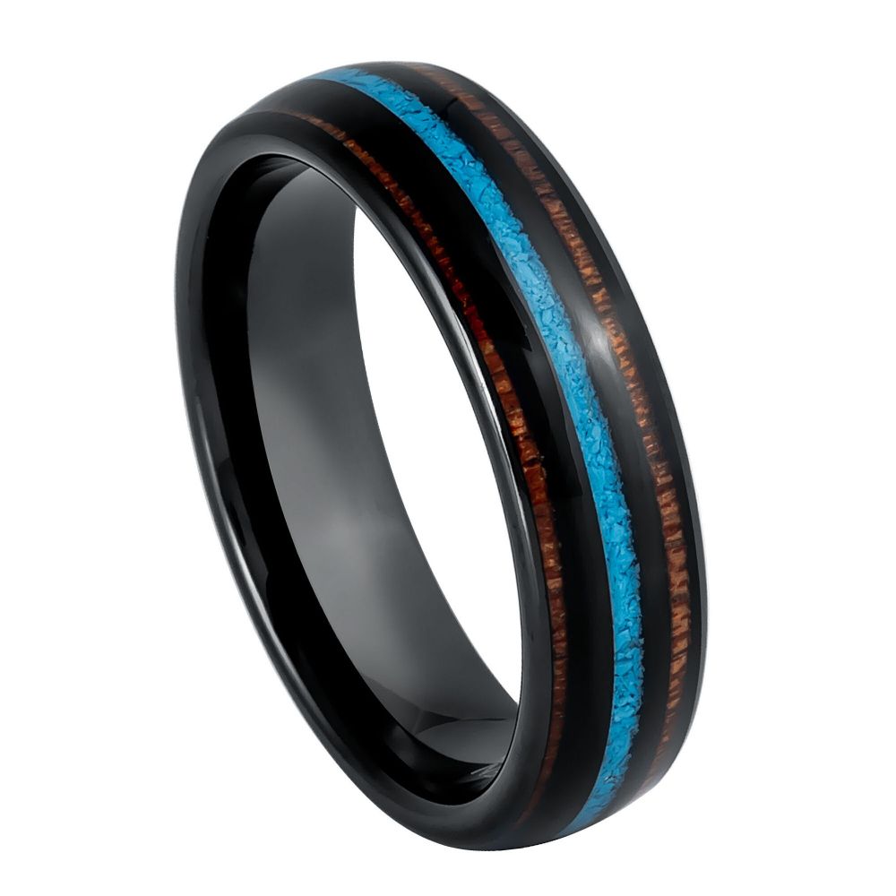 Men's Black IP Plated With Koa Wood & Crushed Turquoise Inlay 6mm Tungsten Ring