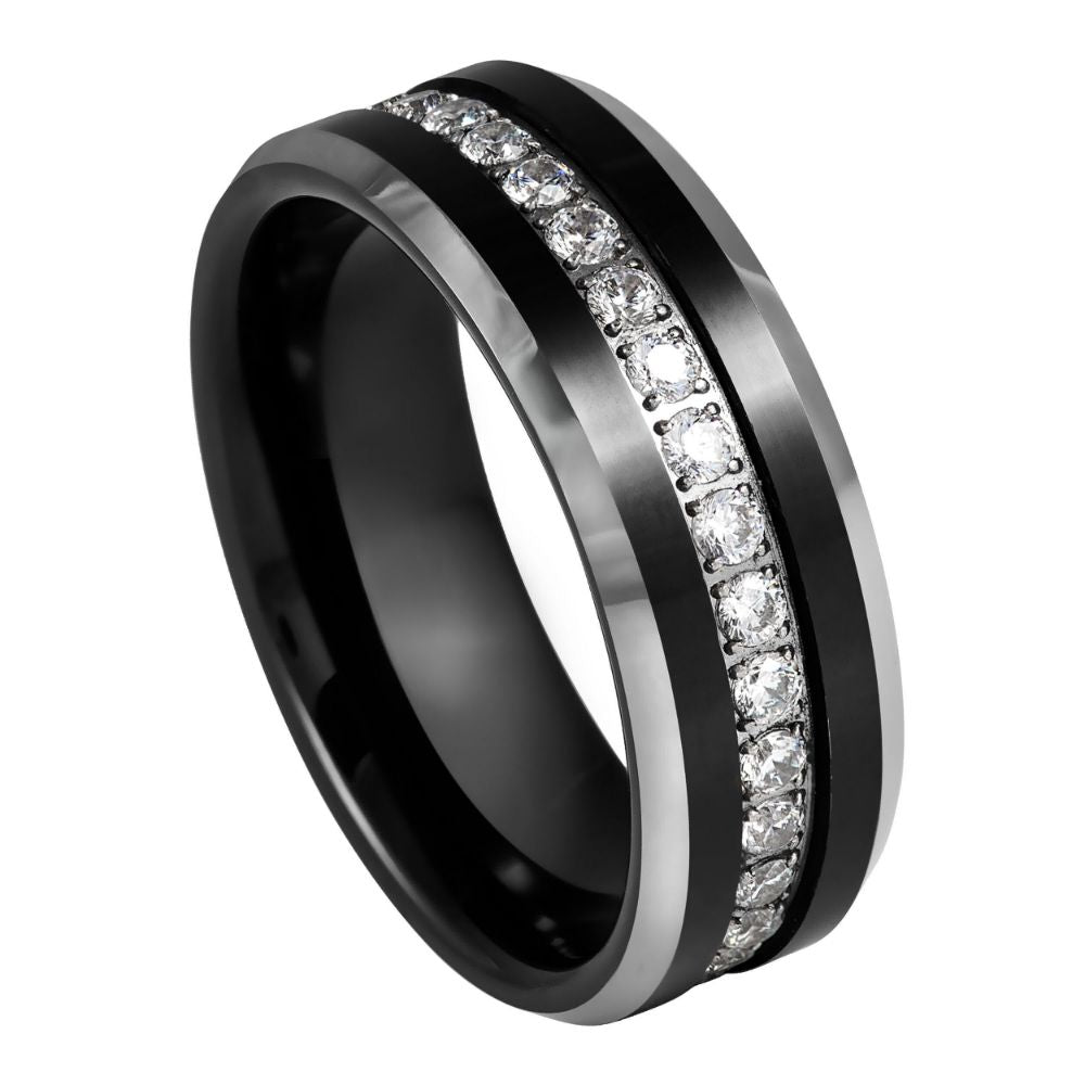 Men's Black IP Plated White CZ Eternity Beveled Edge 8mm Tungsten Ring
