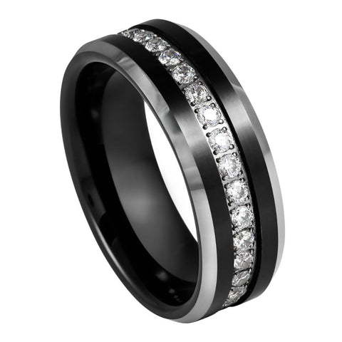 Men's Black IP Plated White CZ Eternity Beveled Edge 8mm Tungsten Ring