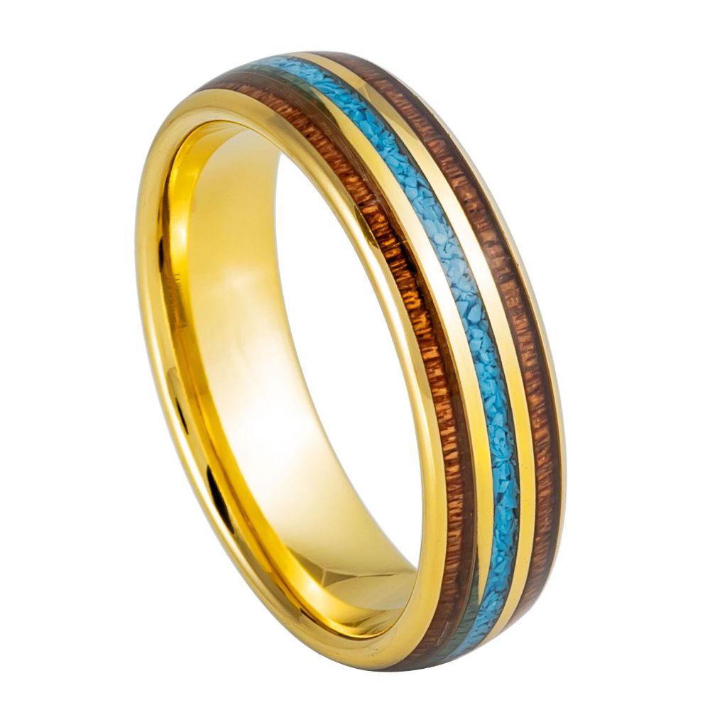 Men's Yellow IP Plated With Rosewood & Crushed Turquoise Inlay 6mm Tungsten Ring
