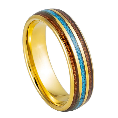 Men's Yellow IP Plated With Rosewood & Crushed Turquoise Inlay 6mm Tungsten Ring