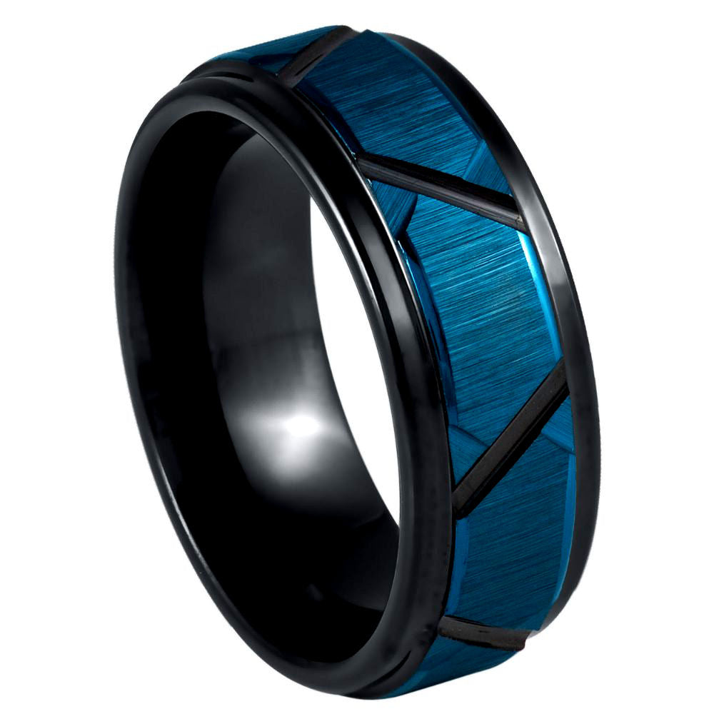 Men's Blue & Black IP Plated Trapezoids Stepped Edge 8mm Tungsten Ring