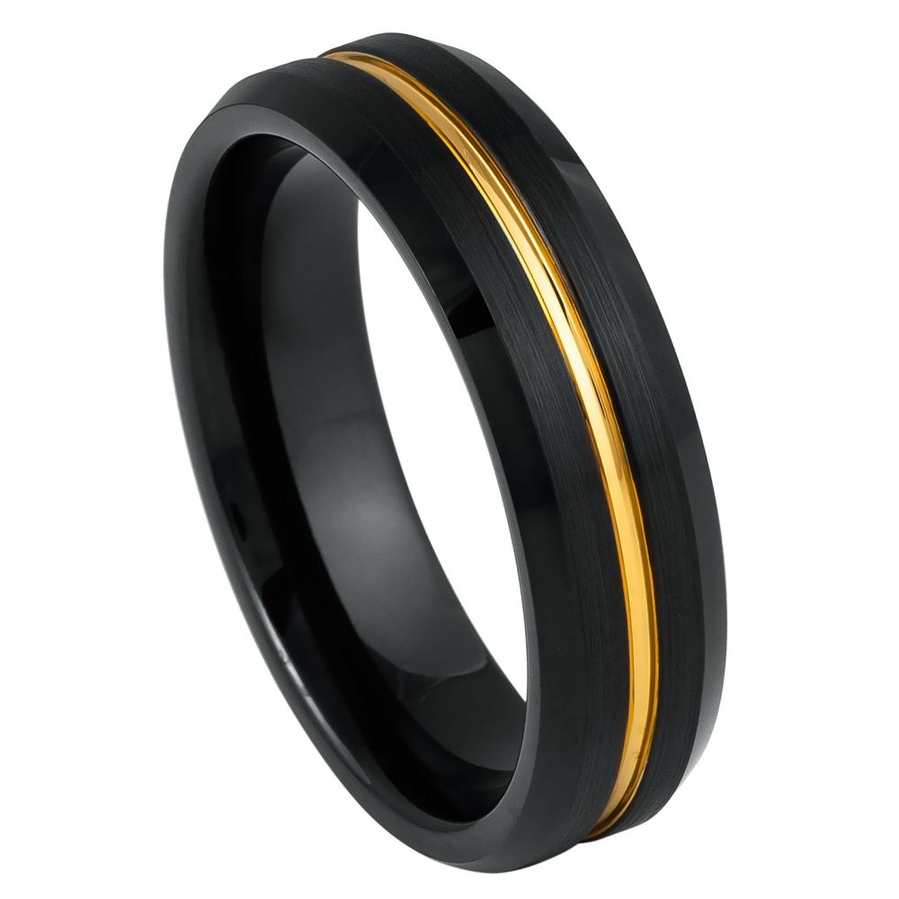 Men's Black IP Plated Yellow Gold Grooved Center Beleved Edge 6mm Tungsten Ring