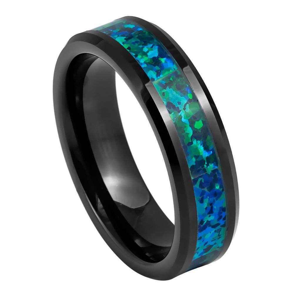 Men's Black IP Plated Synthetic Emerald Green Opal Inlay 6mm Tungsten Ring