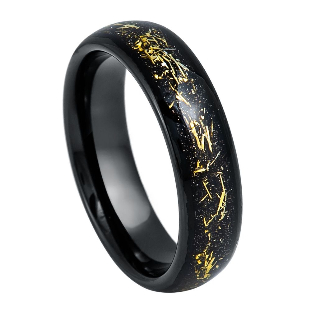 Men's Black IP Plated With Imitation Yellow Meteorite Inlay 6mm Tungsten Ring