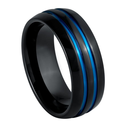 Men's Black IP Plated Domed 2 Blue Grooves 8mm Tungsten Ring