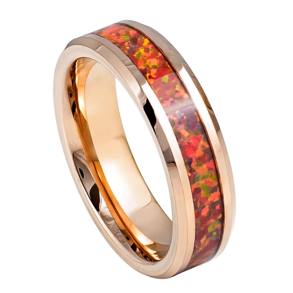 Men's Rose Gold IP Plated With Synthetic Red Fire Opal Inaly 6mm Tungsten Ring