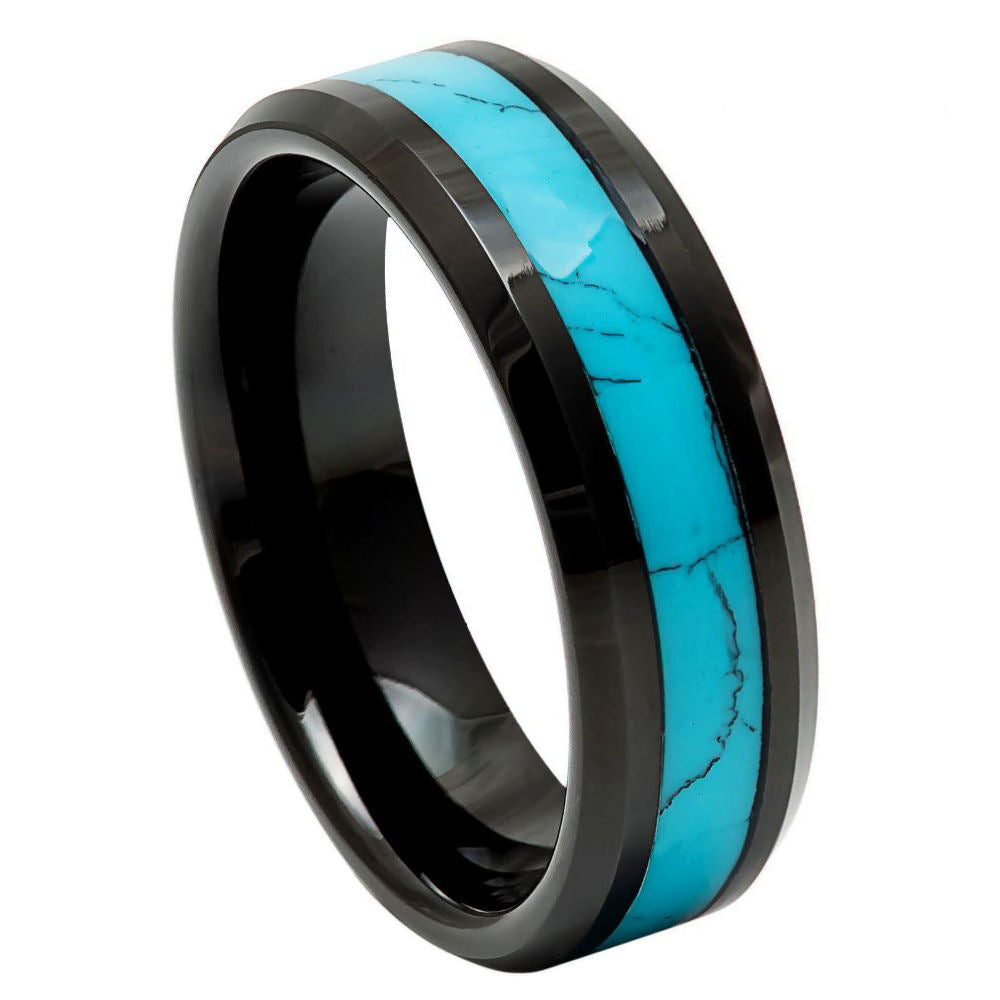 Men's Black IP Plated Blue Turquoise Inlay 6mm Tungsten Ring