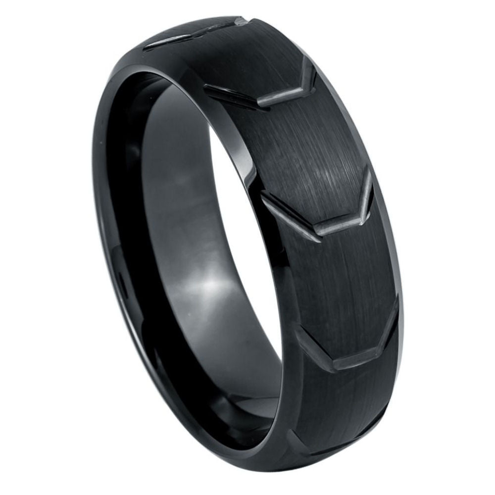 Men's Black IP Plated Tire Thread Center Beveled Edge 8mm Tungsten Ring