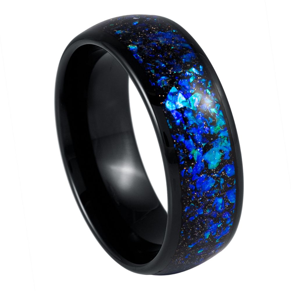 Men's Dome Black IP Blue Opal & Abalone Fragments 8mm Tungsten Ring