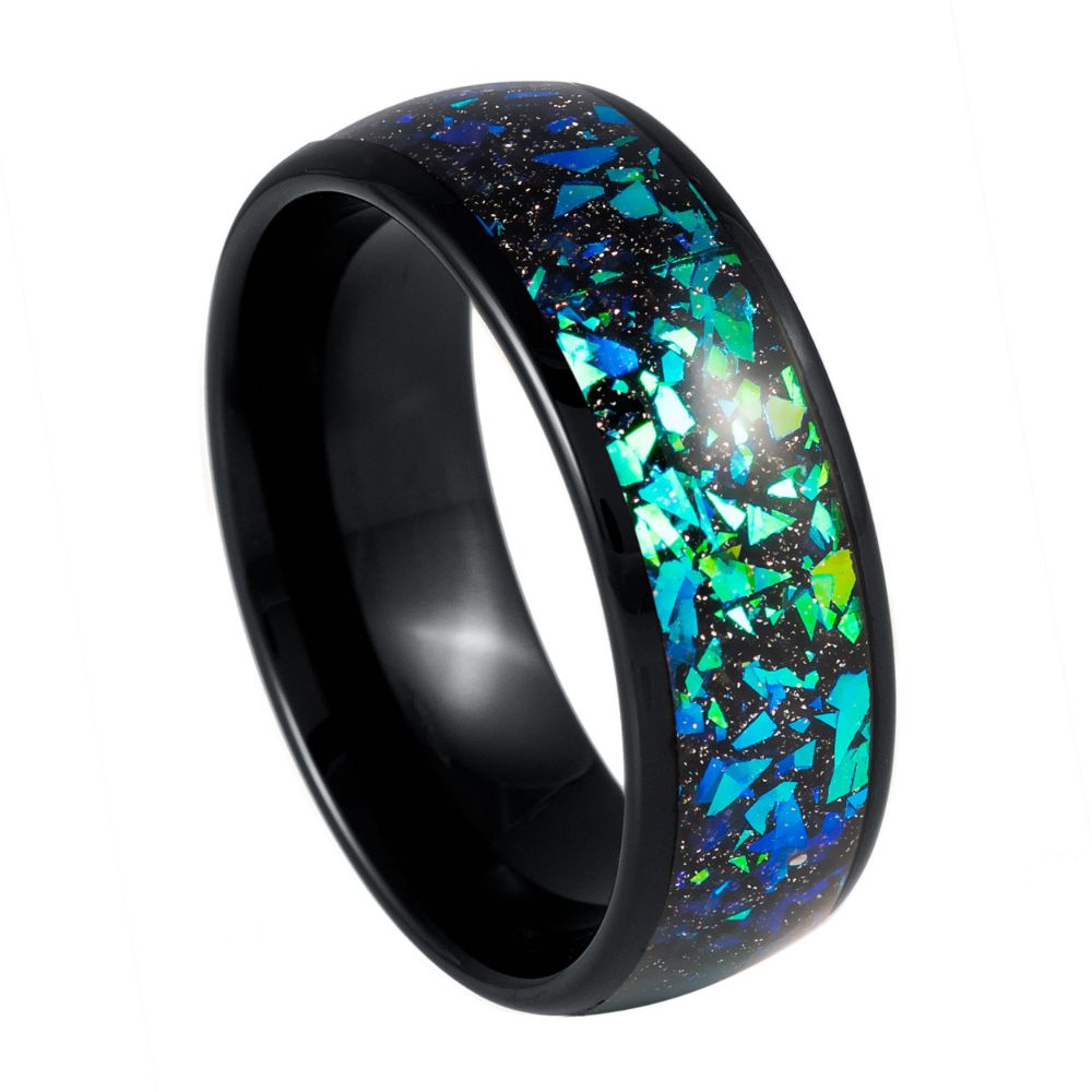 Men's Dome Black IP Green Synthetic Opal & Abalone Fragments 8mm Tungsten Ring