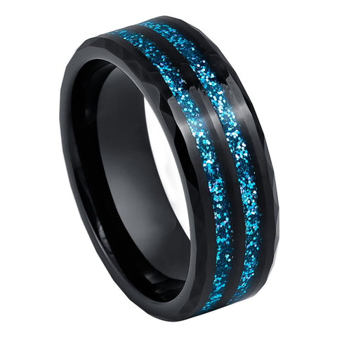 Men's Black IP Plated Faceted Finish Blue Glitter Inlay 8mm Tungsten Ring