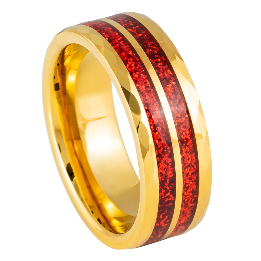 Men's Yellow IP Plated Faceted Finish Red Glitter Inlay 8mm Tungsten Ring