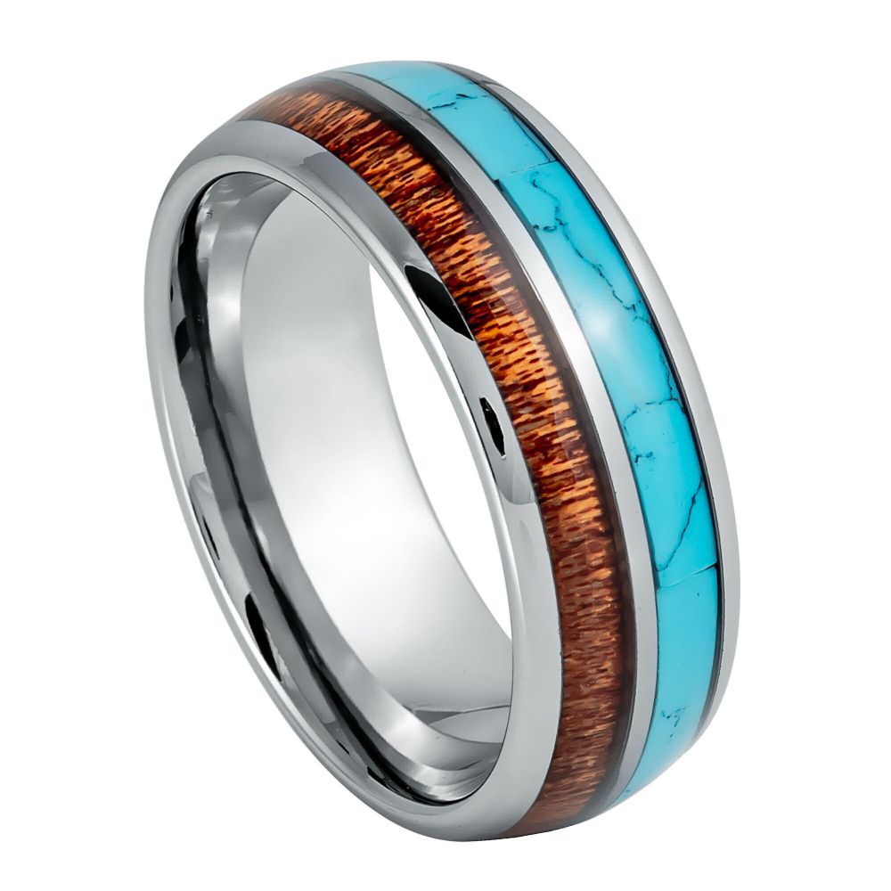 Men's Dome Turquoise & Koa Wood Inlay 8mm Tungsten Ring