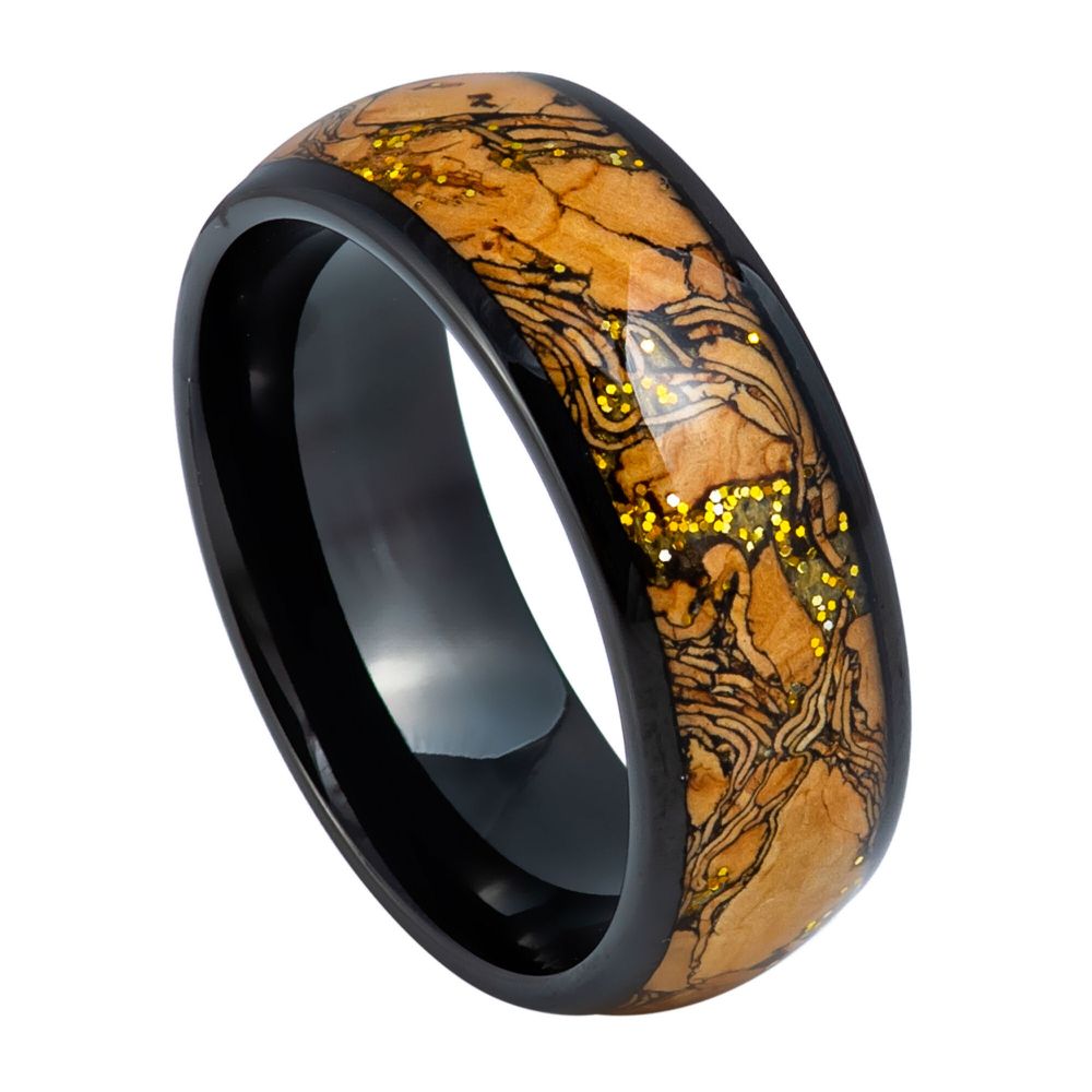 Men's Dome Black IP Plated Cork & Gold Glitter Inlay 8mm Tungsten Ring