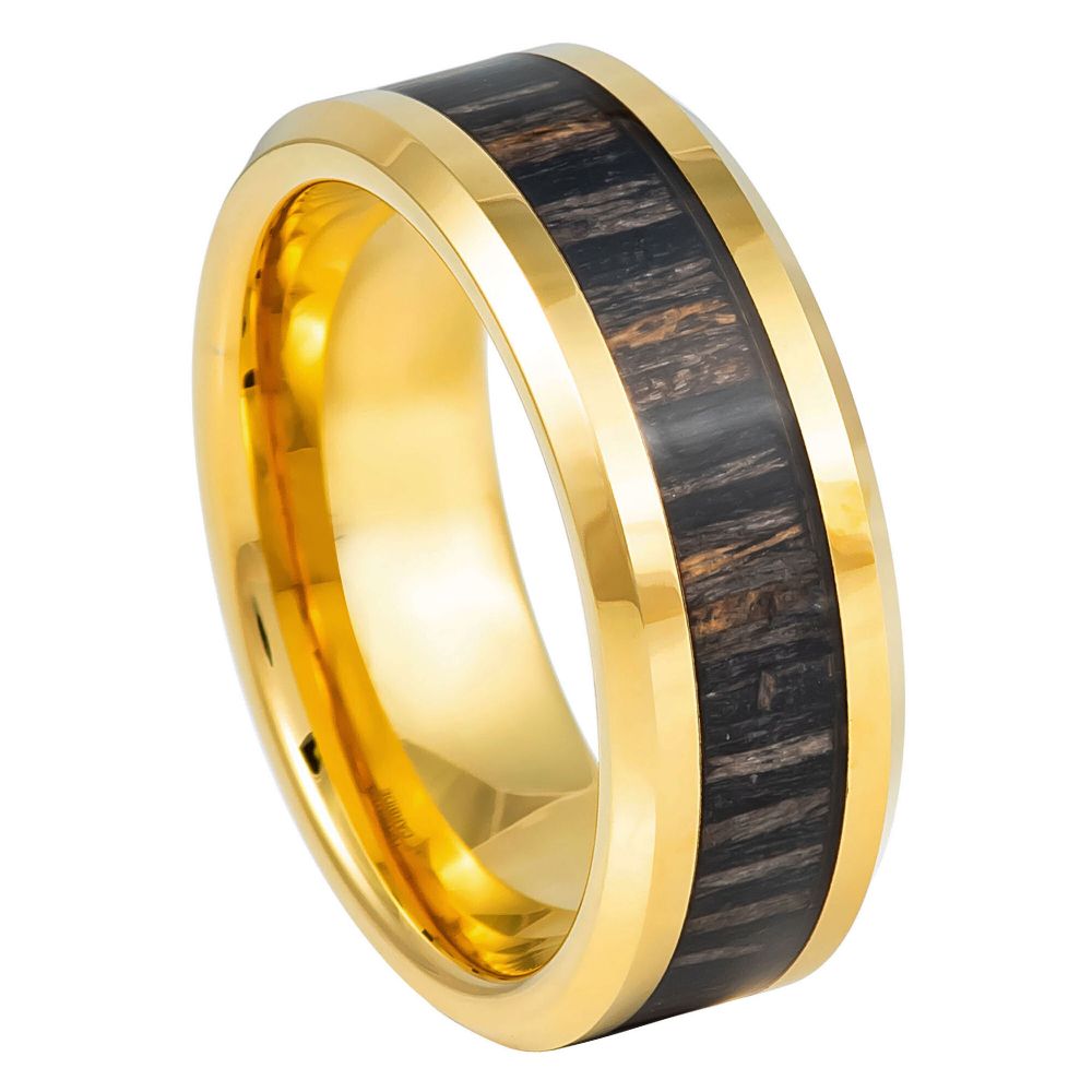 Men's Yellow IP Plated Zebra Wood Inlay 8mm Tungsten Ring