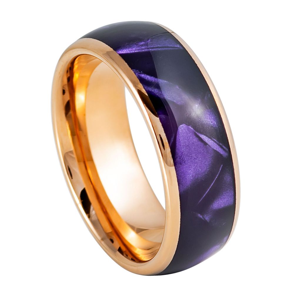 Men's Yellow Gold IP Plated With Imitation Purple Cowrie Inlay 8mm Tungsten Ring