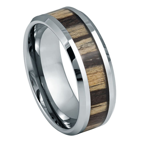 Men's Unplated Zebra Wood Inlay 8mm Tungsten Ring