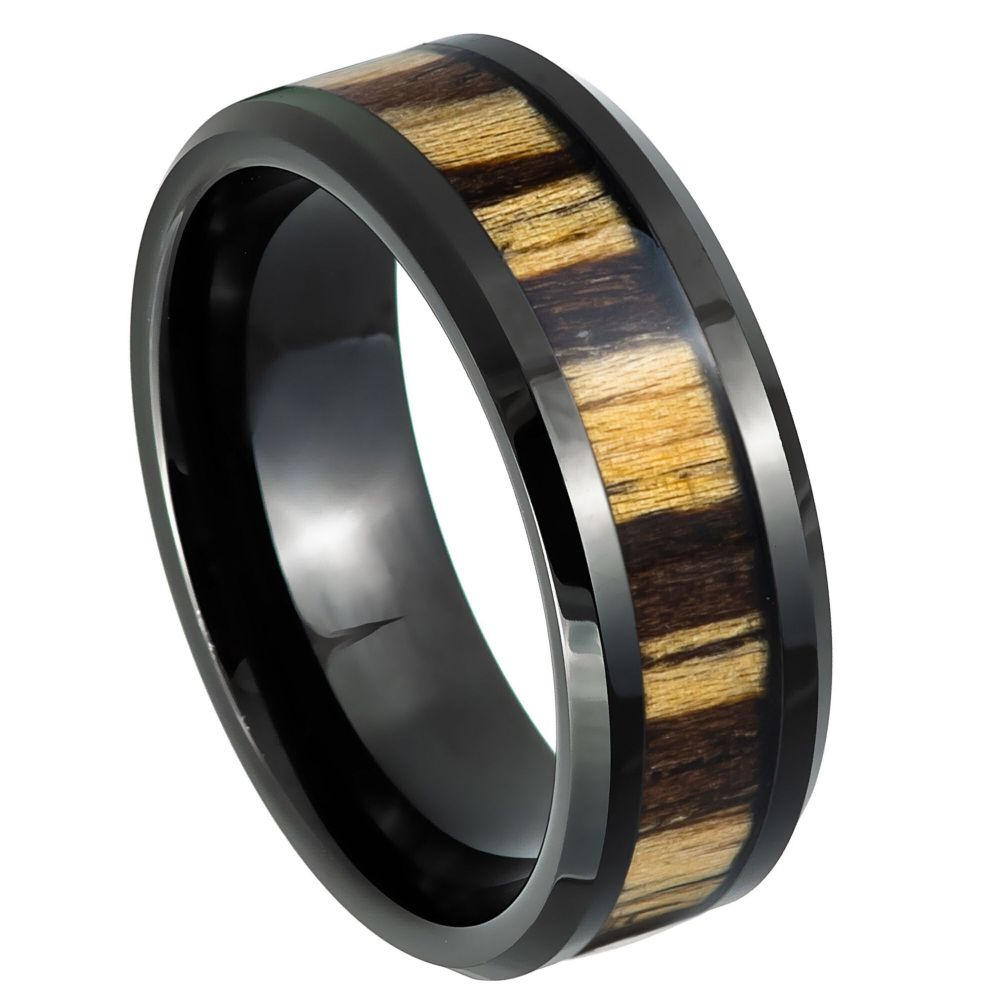 Men's Black IP Plated Zebra Wood Inlay 8mm Tungsten Ring