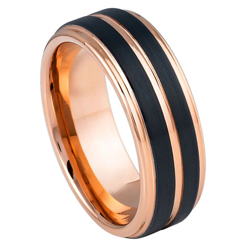 Men's Rose Gold & Gun IP Plated Pinstripe 8mm Tungsten Ring