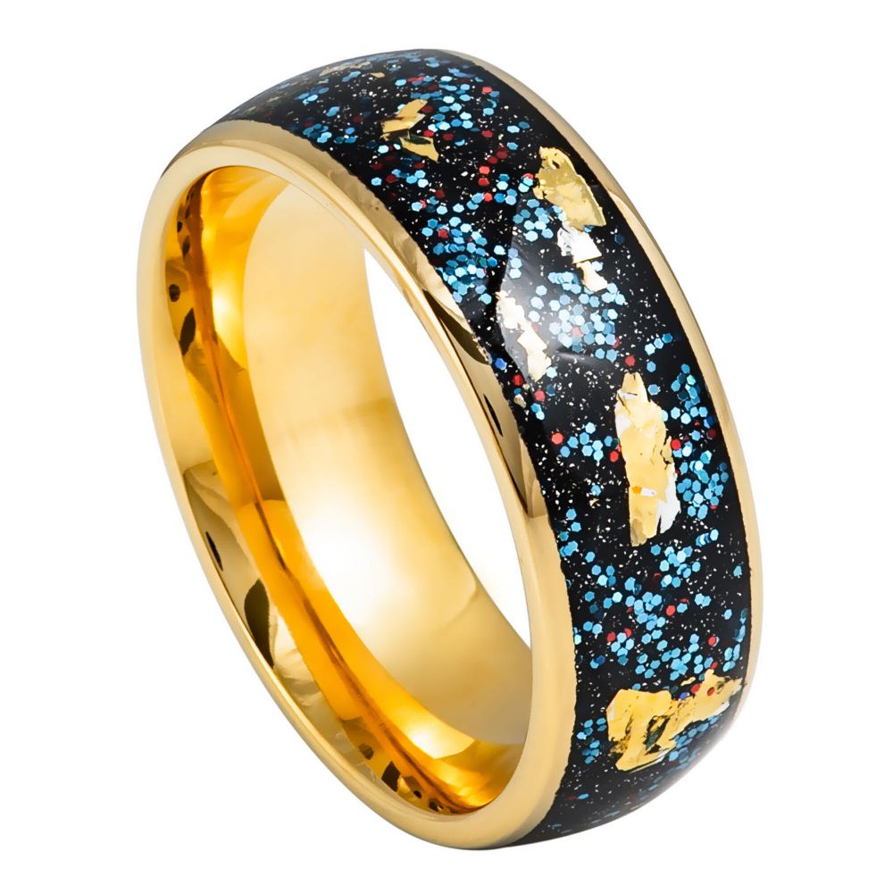 Men's Domed Yellow Gold IP Plated Blue Green Glitter & Gold Foil Inlay 8mm Tungsten Ring