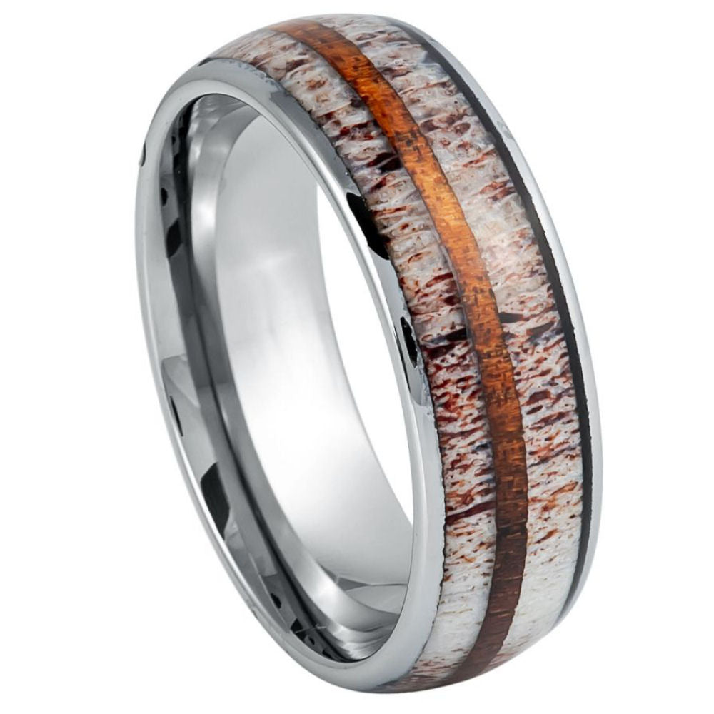 Men's Thin Whiskey Barrel Strip & Deer Antler Inlay 8mm Tungsten Ring