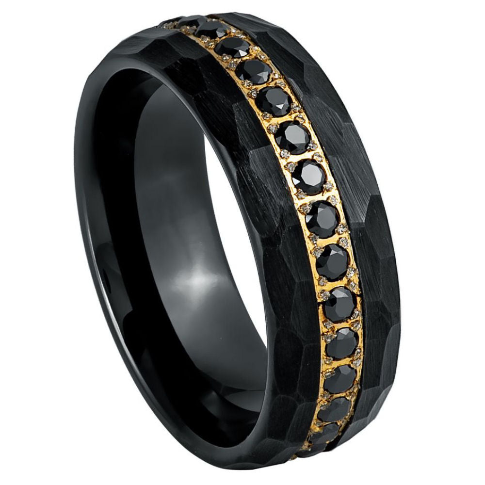 Men's Black & Yellow Gold IP Plated Prong Set Black CZ Eternity 8mm Tungsten Ring