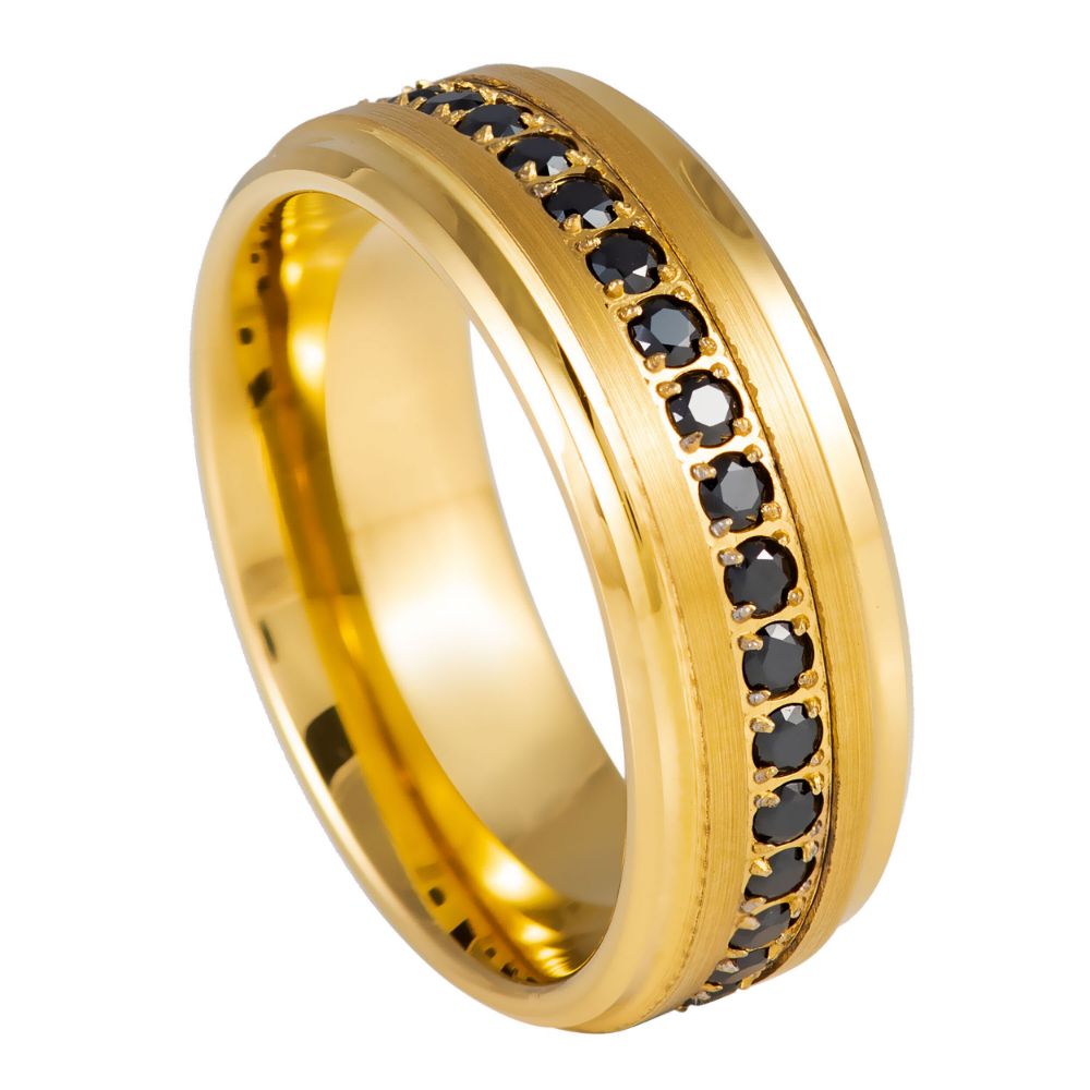 Men's Yellow Gold IP Plated Prong Set Black CZ Eternity 8mm Tungsten Ring