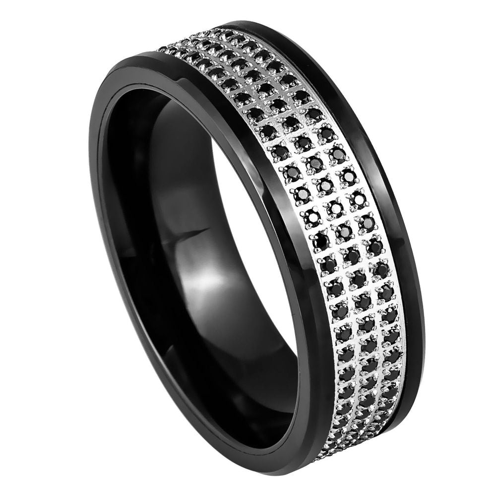 Men's Black IP Plated 3 Rows Black CZ Eternity 8mm Tungsten Ring